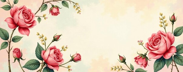 Vintage floral print with delicate roses and leaves on a pastel background, retro, pattern