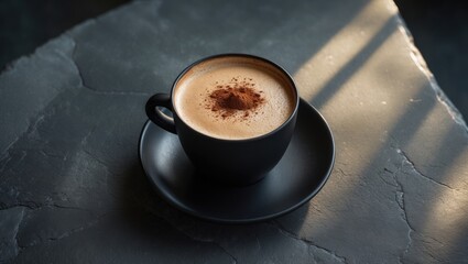 Black cappuccino cup on grey table from a top view with background and foam details