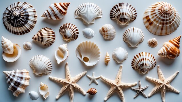 Sea creatures and shells collection on isolated background