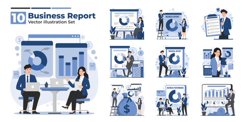 Vector illustration set showing business report concept with financial audit, presentation charts, data analysis, and review