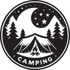 Camping logo with tent, campfire, forest, moon and stars, isolated vector illustration