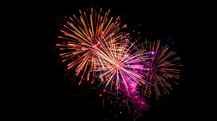 From below, shot of stunning brilliant fireworks erupting on the background of black night sky.