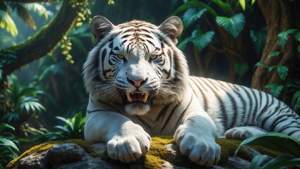 Obraz premium Close-up of a yawning white tiger resting on a rock with plant background, horizontal shot