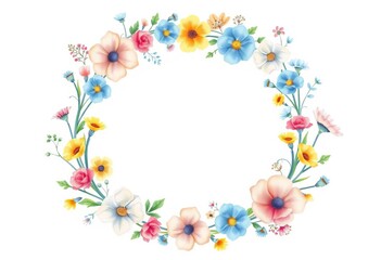 Watercolor floral wreath frame; yellow, blue, white, pink wildflowers, circular, template, illustration, invitation, vintage