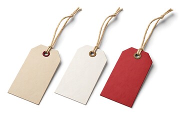 Isolated Beige, White, and Red Tags with Natural String on White Background Studio Shot