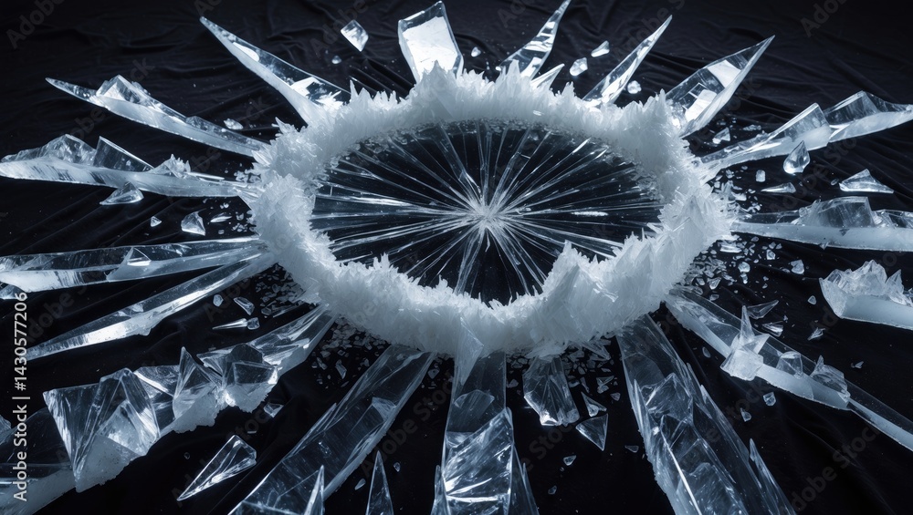 Poster ice explosion creating a hole on a black background with shattered shards spreading outward