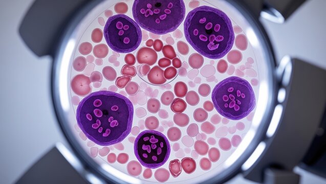 Microscopic view of human blood smear showing blast cells, lymphocytes, and abnormal erythrocytes