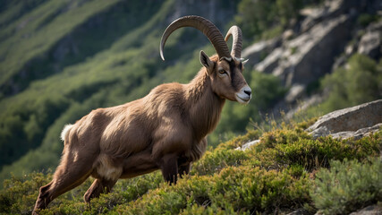 Iberian ibex on a rock, stance embody its rugged mountainous lifestyle.