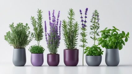 Fototapeta premium Fresh herbs in pots: rosemary, oregano, lavender, sage, and thyme. Unique display isolated on a white background.