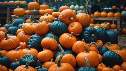 Autumn Halloween Celebration: A Colorful Pile of Pumpkins and Festive Vibes
