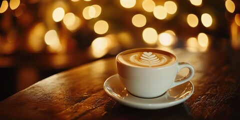 Obraz premium A cozy cafÃ© moment with a neutral-toned coffee cup, warm lighting, and a soft background