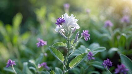 Naklejka premium Clary Sage: Vibrant Purple and Violet Flowers in a Medicinal Herb Garden