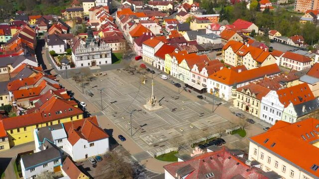 Aerial view to historic center of Stribro town. Medieval city from 12th century. It has about 8,100 inhabitants. Amazing tourist destination near Slavkovsky les. Czech Republic, Central Europe.