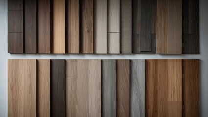 Samples of interior wooden flooring materials include laminate, vinyl tile, and engineered options, displayed on a top view material board for selection.