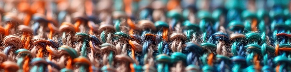 Close-up of multi-colored textile fabric with interwoven threads in vibrant colors