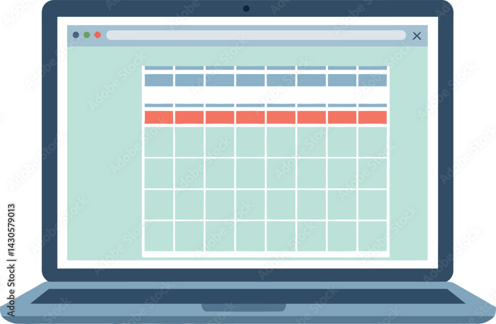 Poster laptop screen showing calendar schedule with highlighted dates in red and blue vector illustration