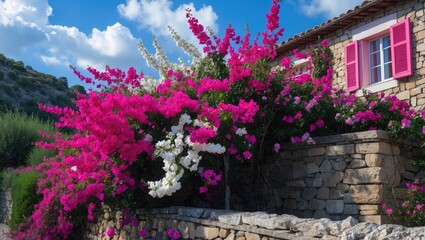 A colorful Bougainvillea in full bloom adorns a stone house wall beneath a clear blue sky.