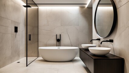 Fototapeta premium Elegant upscale bathroom interior with functional layout, black mirror, and spacious feel