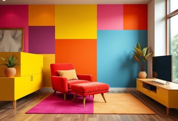 Yellow red lounge chair in vibrant suprematist-style living room with multicolored geometric blocks, style, cushion