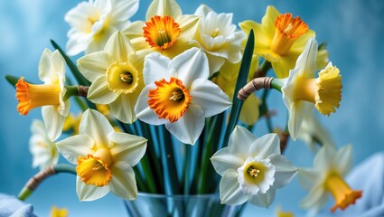 Fototapeta premium Yellow and white daffodils set on a blue background. Flower with an orange core. Spring blooms. A straightforward bud. Flower bouquet. Floral theme.