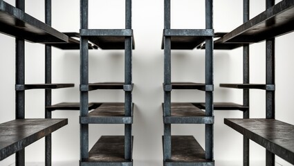 Vintage industrial steel shelves isolated on background for design projects
