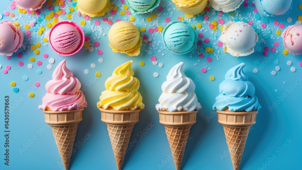 Poster ice cream scoop with colorful sprinkles on a pastel background with a border and space for copy
