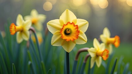 Fototapeta premium Sunlit yellow daffodils blooming in a peaceful garden scene