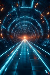 Futuristic Digital Tunnel with Glowing Blue & Orange Lights, Sci-Fi High-Tech Atmosphere, Cyber Circuit Patterns & Motion Depth