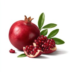 Pomegranate fruit with leaves isolated on white background