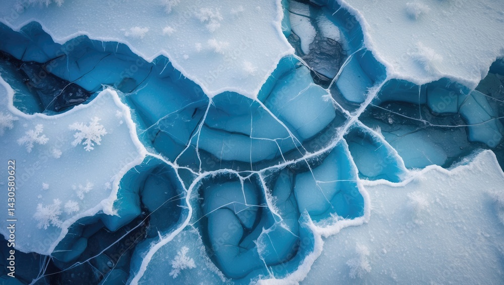 Poster frozen river ice with crack patterns and snowy background texture