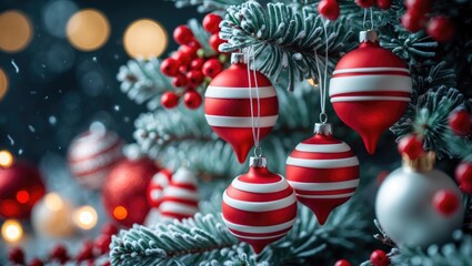 Colorful ornaments shaped like candy dangle from a beautifully adorned tree. This scene embodies the joyful essence of the season, with elements of wonder and festive cheer.