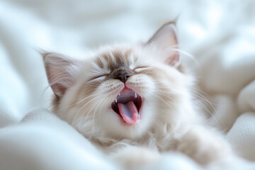 Fototapeta premium Young Himalayan kitten yawning adorably with long, fluffy fur and vivid blue eyes, creating a gentle and dreamy atmosphere of cuteness and tranquility