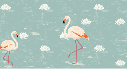 Flamingo and Lily Pond Illustration