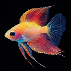 Fototapeta premium Colorful goldfish with vibrant orange, blue, and purple hues swimming against a dark background.