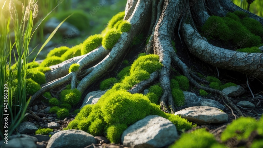 Poster a detailed view of a tree root intertwined with the soil, partially obscuring rocks. the textures of