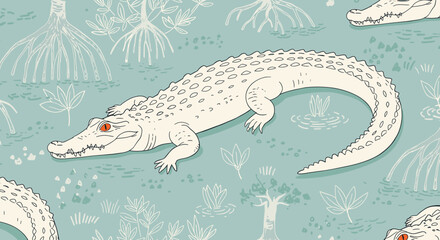 Illustration of an Albino Alligator in Swamp Landscape