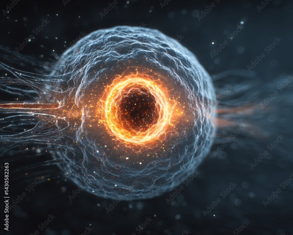 Poster abstract representation of a cell with glowing nucleus, showcasing dynamic movement in a dark backgr