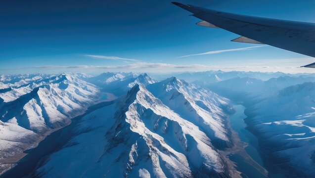 Aerial view of a snow-covered mountain range with peaks shining under a clear blue sky and shadowed valleys - Powered by Adobe