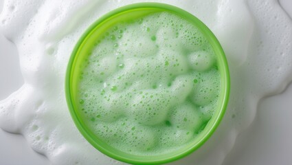 Soap foam in a plastic washbasin with bubbles against a clean background