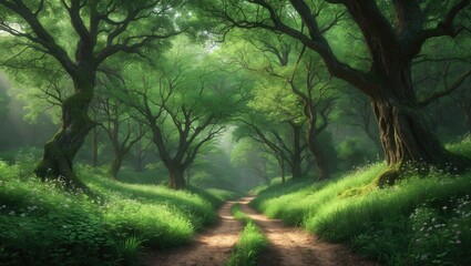 Naklejka premium A winding dirt trail through a vibrant woodland landscape filled with tall trees, lush greenery, and colorful foliage