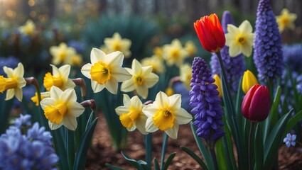 Yellow daffodils paired with blue grape hyacinths. Floral scene. Selective focus. Garden flowers. Flower patch.