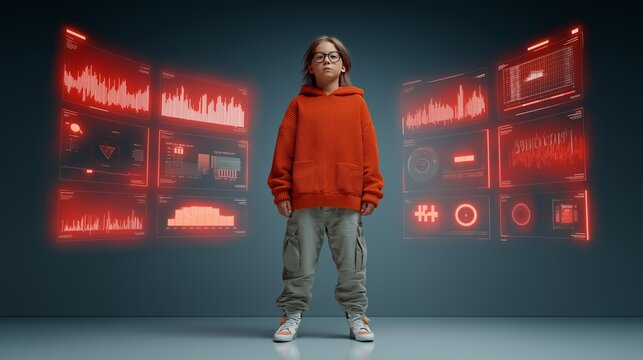 A young child stands confidently between glowing red digital stock charts and graphs. a future investor or prodigy navigating complex market data in a high-tech environment, youth in finance
