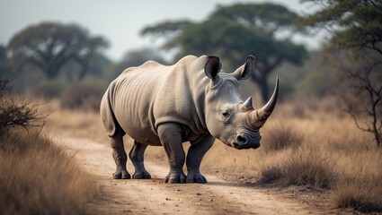 Fototapeta premium Southern white rhinoceros and lions in national park with Ceratotherium simum simum and Panthera leo
