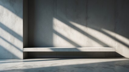 Cement wall background with empty floor shelf perspective and shadow light for showcasing products and text