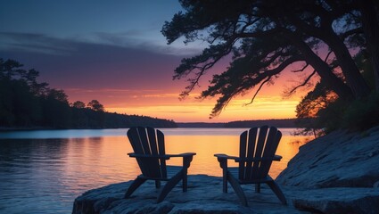 Two chairs in silhouette on a rock by a tranquil lake at sunset