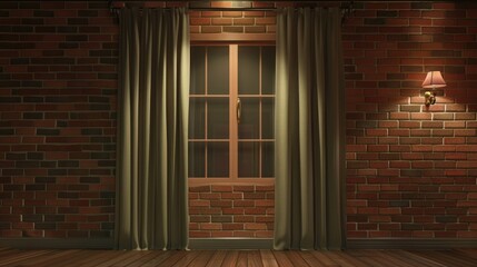 a window in centre with curtains, empty room, brick wall background, on right side a wall lamp, on top a sceiling light,