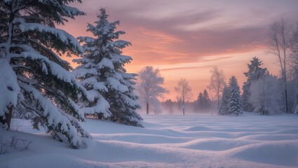 Fototapeta premium Frozen forest at dusk with snow-covered trees and golden sunset lighting