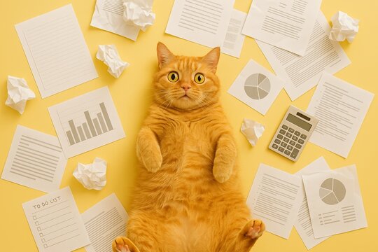 An orange tabby cat lies on its back amid scattered office documents, crumpled papers, and a calculator. Burnout in a work or academic setting, ideal for editorial and lifestyle concepts