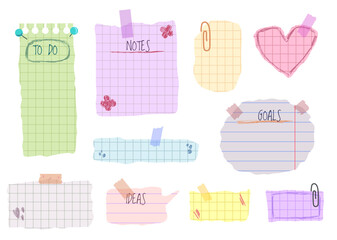 Memo stickers and speech bubbles with pinned rip paper. Vision board template