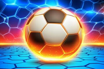 Football championship light background. Vector illustration of abstract glowing neon colored soccer ball and hexagon grid pattern over blue background 